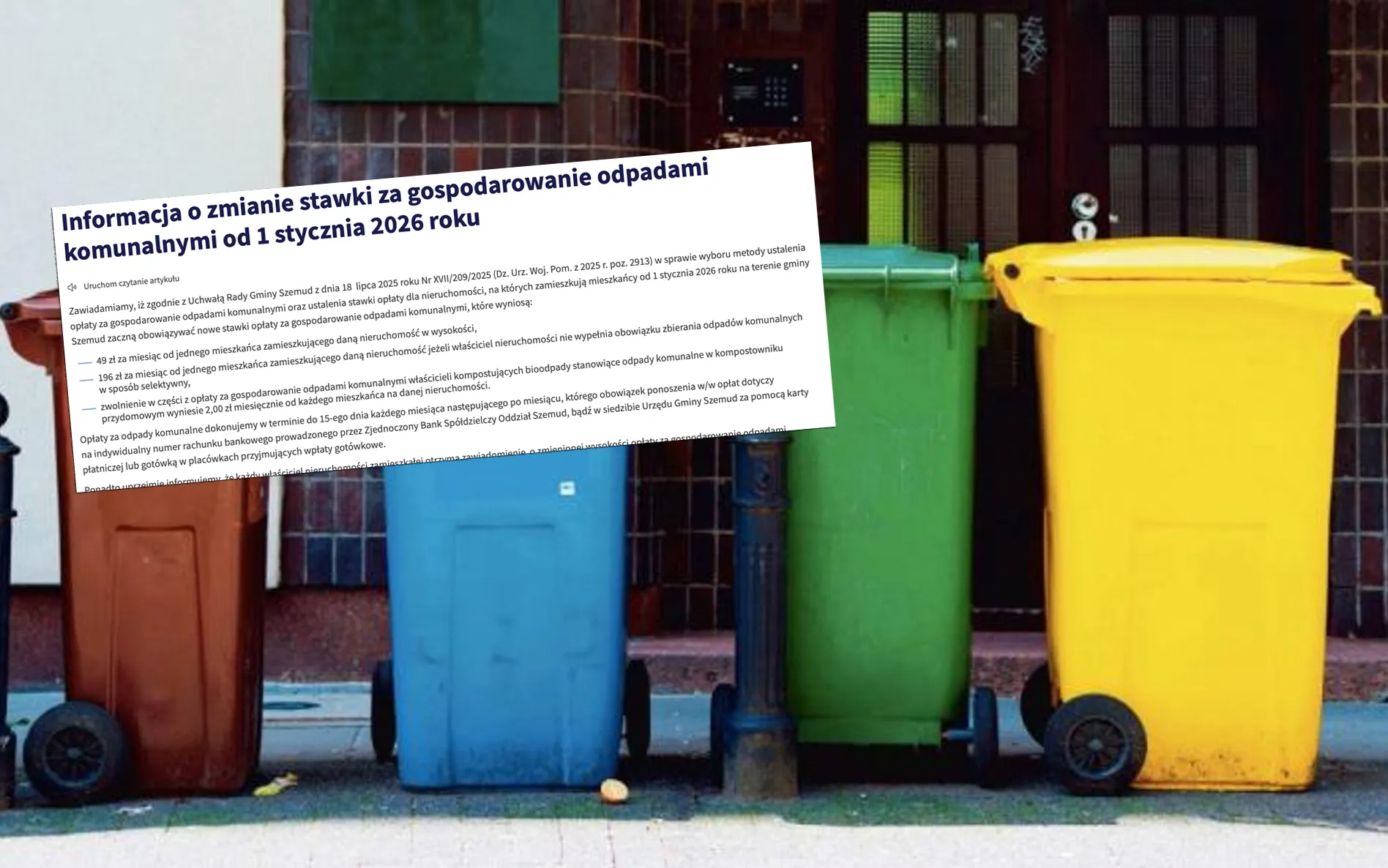 Ile zapłacimy za odpady? Nowe ceny i zasady płatności w Gminie Szemud od 2026 r.